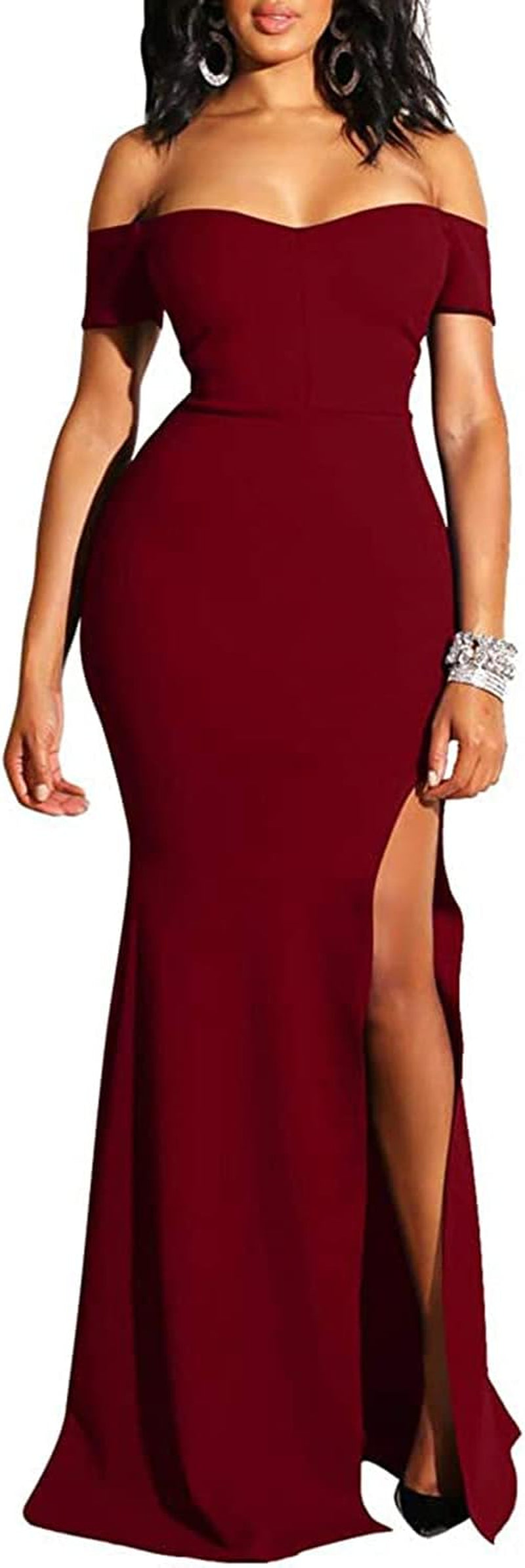 Women Sexy Off-The-Shoulder High Fork Long Formal Evening Dress Club Dresses