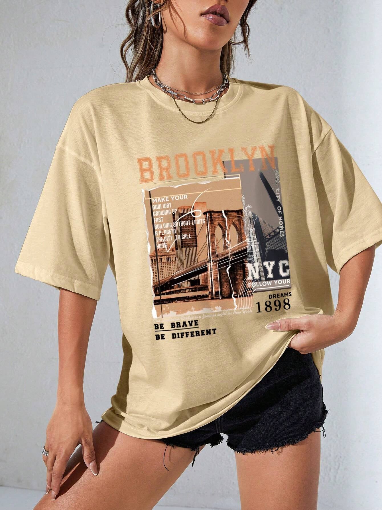 INAWLY Street View and Slogan Graphic Drop Shoulder Tee MAKE YOUR OWN WAY GROWING up FAST BUILDING without LIMITS a PLACE in the CITY to CALL HOME CITY of HOMES NYC FOLLOW YOUR DREAMS 1898 the Brooklyn Bridge Is a Famous Sight in New York BE BRAVE BE DIFFERENT Graphic Tees Women Tops