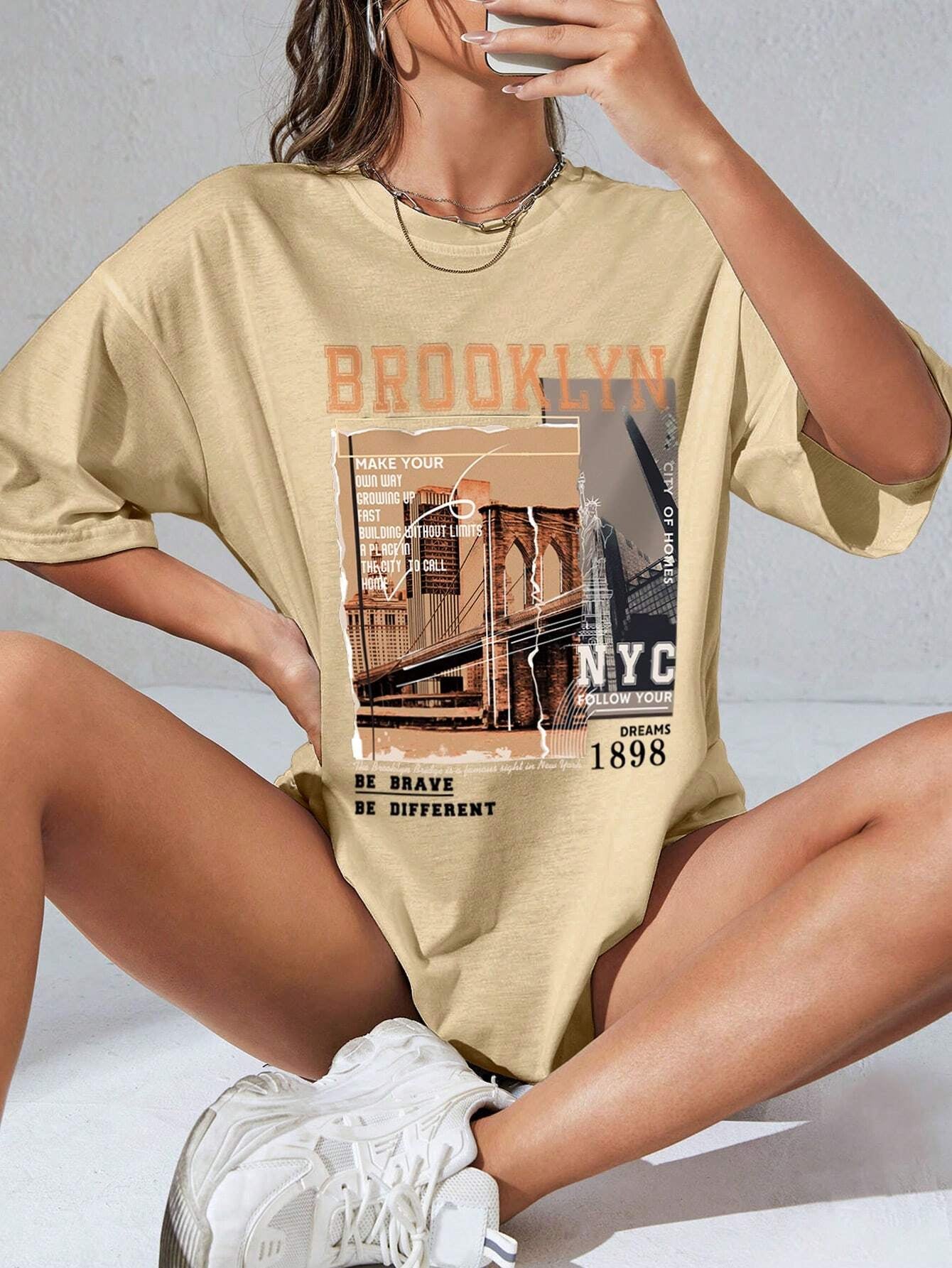 INAWLY Street View and Slogan Graphic Drop Shoulder Tee MAKE YOUR OWN WAY GROWING up FAST BUILDING without LIMITS a PLACE in the CITY to CALL HOME CITY of HOMES NYC FOLLOW YOUR DREAMS 1898 the Brooklyn Bridge Is a Famous Sight in New York BE BRAVE BE DIFFERENT Graphic Tees Women Tops