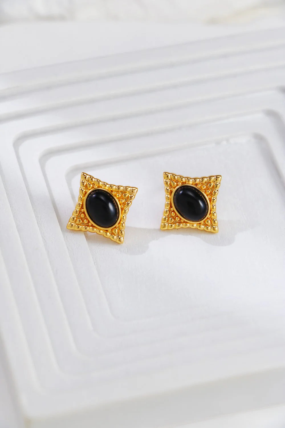 Vintage Gold Black Agate Stud Earrings