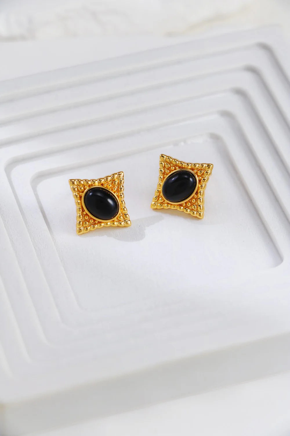 Vintage Gold Black Agate Stud Earrings