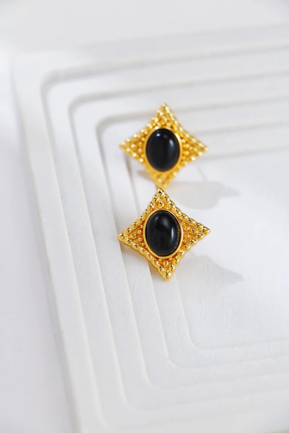 Vintage Gold Black Agate Stud Earrings