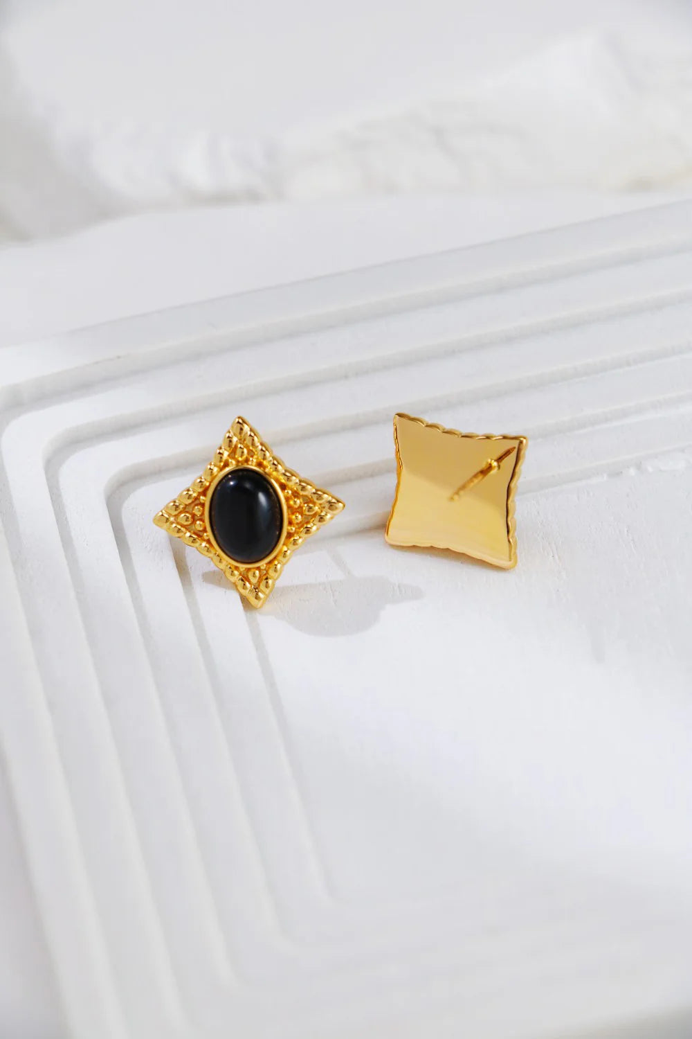 Vintage Gold Black Agate Stud Earrings